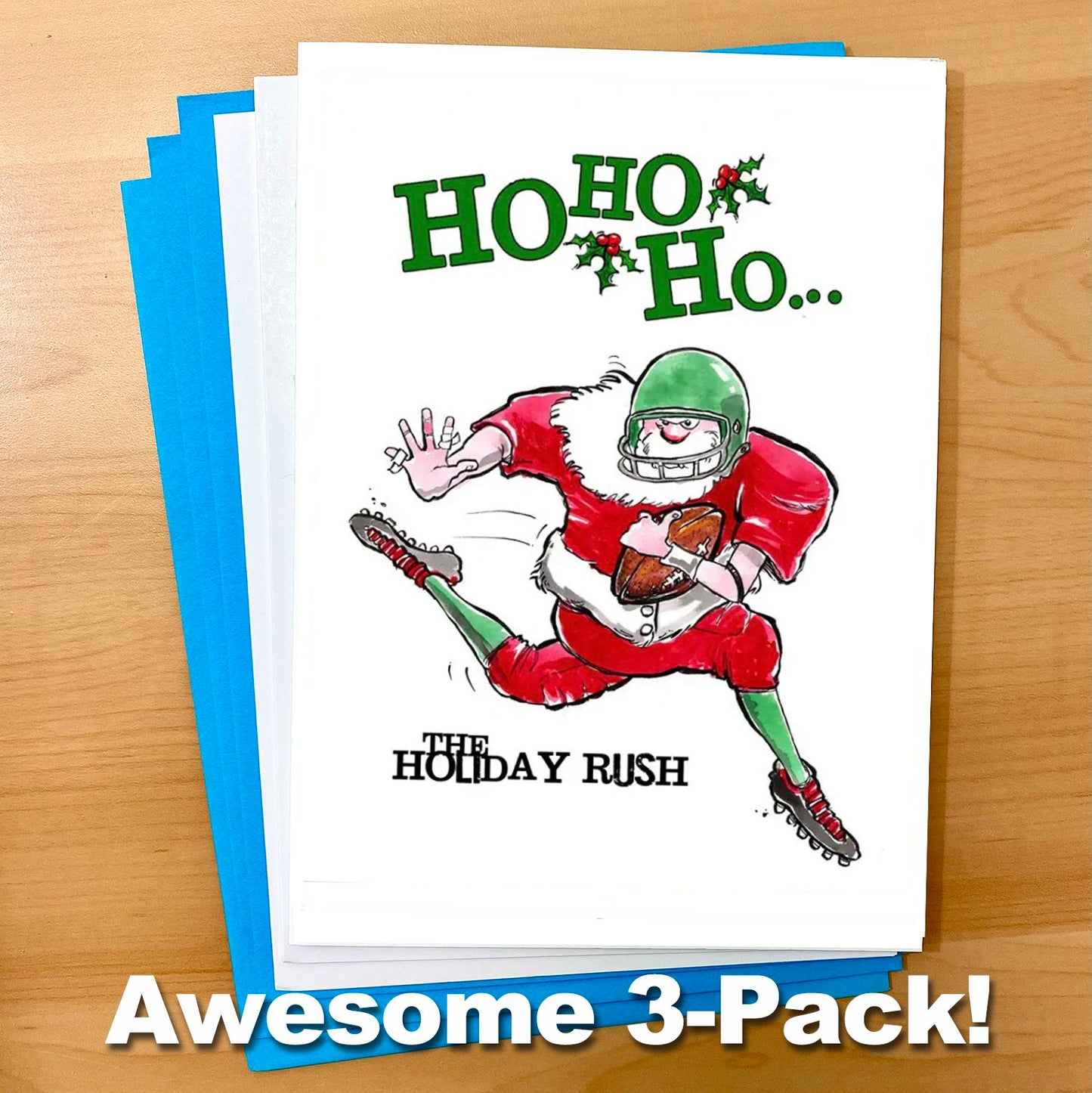 Santa Sports "The Holiday Rush" Football Christmas 5x7 Greeting Card 3-Pack