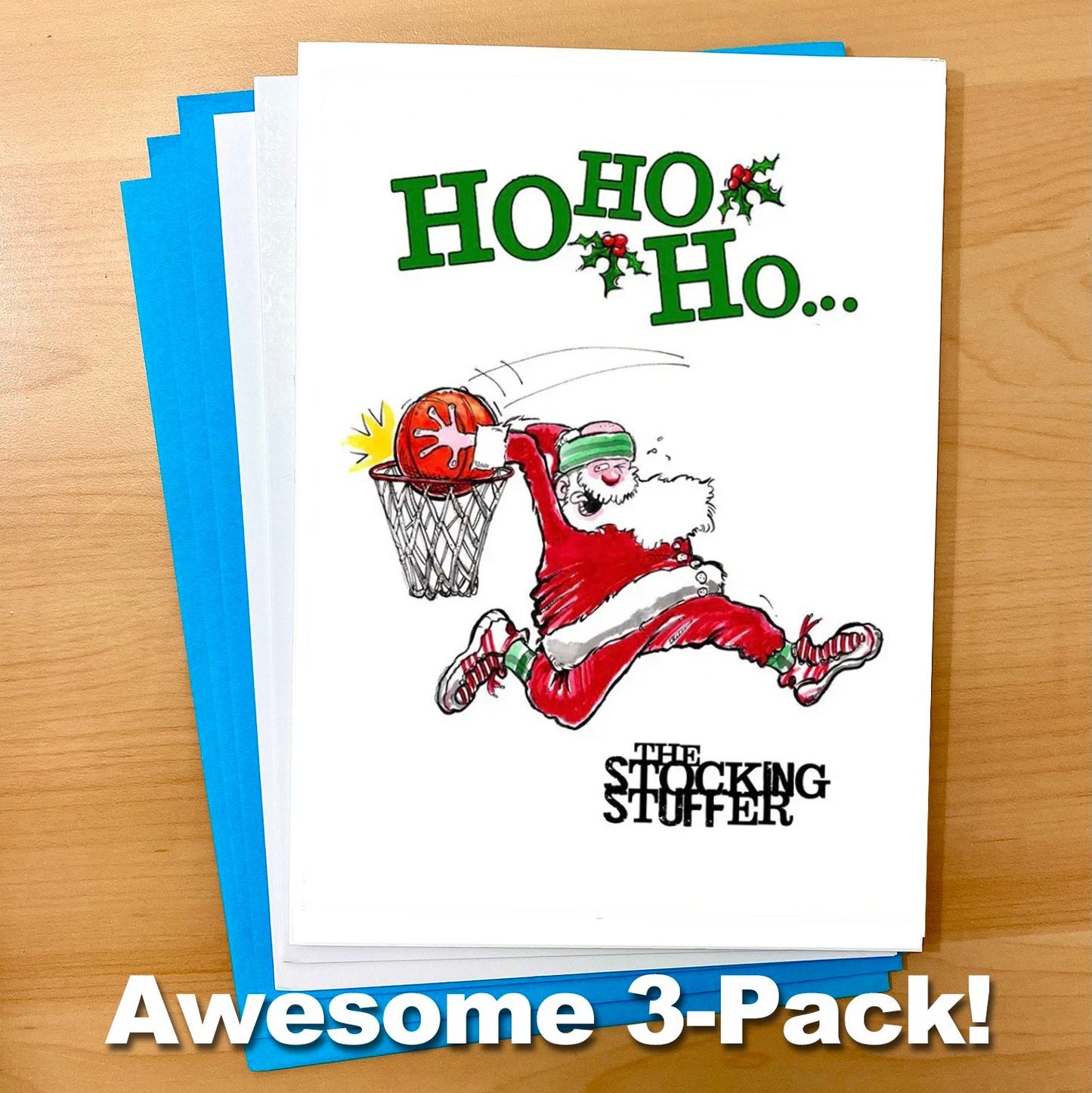 Santa Sports "The Stocking Stuffer" Basketball Christmas 5x7 Greeting Card 3-Pack