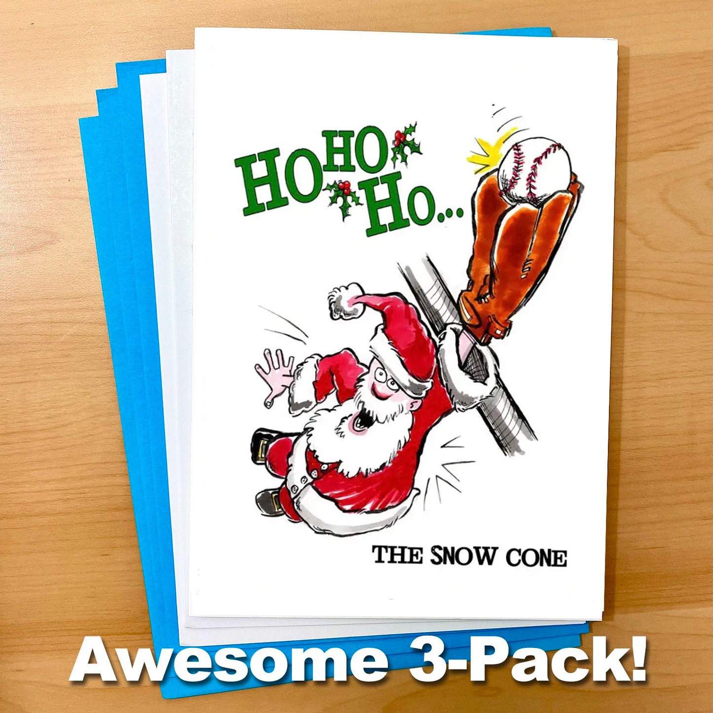 Santa Sports "The Snow Cone" Baseball Christmas 5x7 Greeting Card 3-Pack