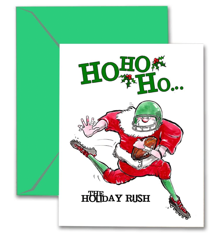 Santa Sports "The Holiday Rush" Football Christmas 5x7 Greeting Card 3-Pack