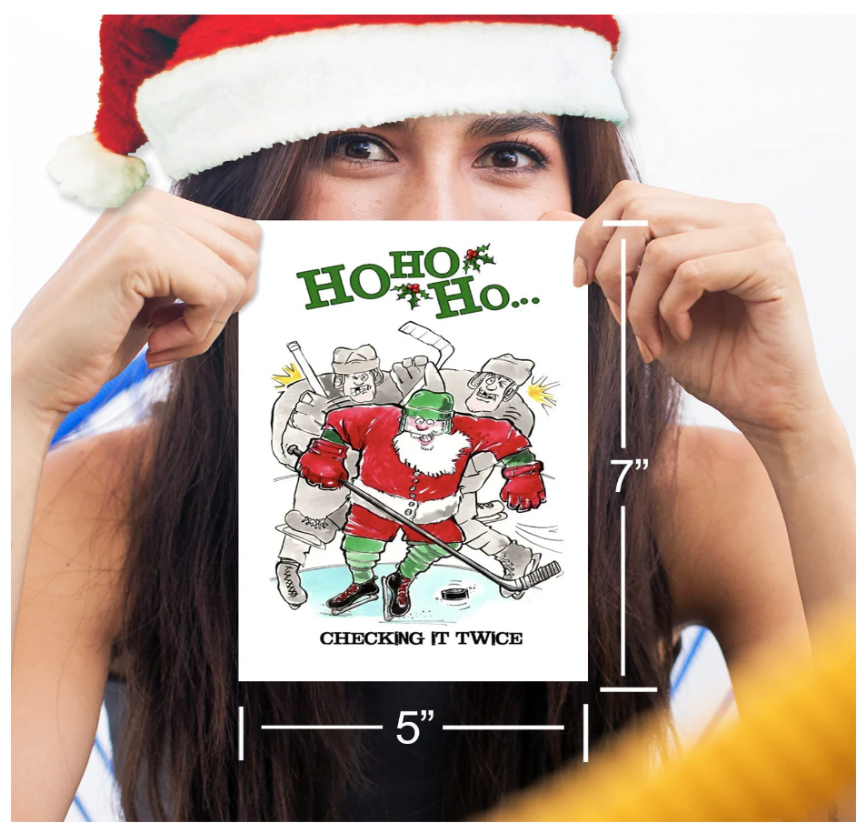 HOCKEY Christmas Cards "Checking It Twice" (3-Pack, 5"x7") Sports Powercards Greeting Cards 3-Pack