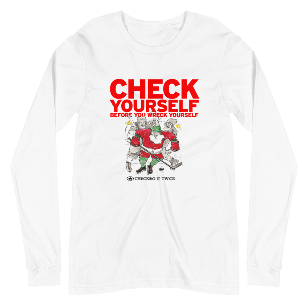 CHECKING IT TWICE Santa Hockey Unisex Long Sleeve Tee
