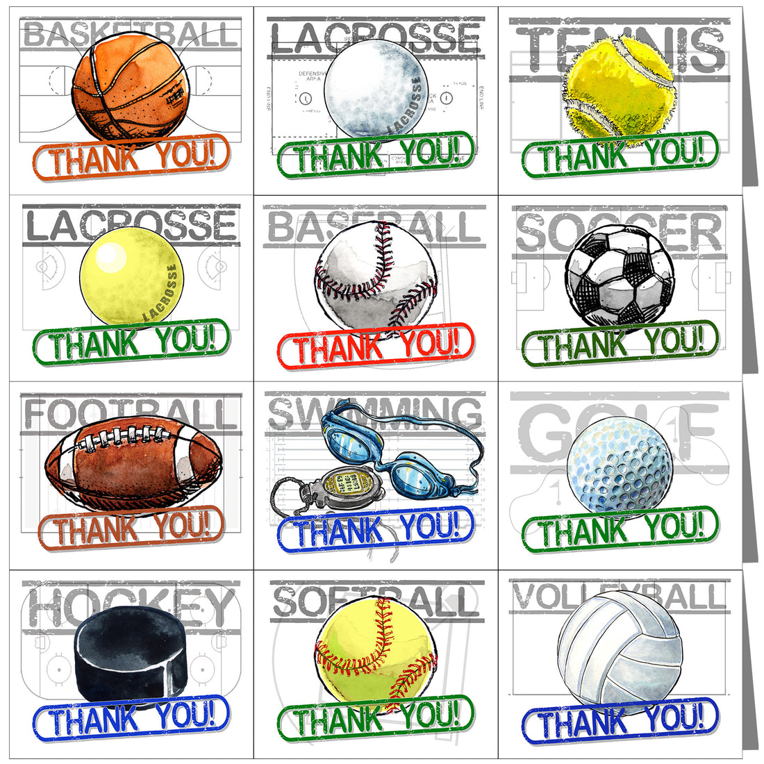 Play Strong Illustrated Sports Thank You Note Cards