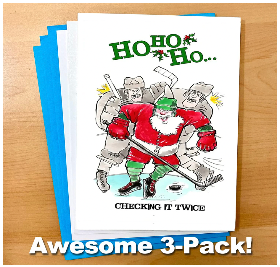 HOCKEY Christmas Cards "Checking It Twice" (3-Pack, 5"x7") Sports Powercards Greeting Cards 3-Pack