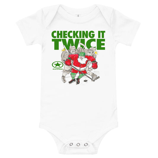 CHECKING IT TWICE HOCKEY Santa Sports #playstrong Baby short sleeve one piece