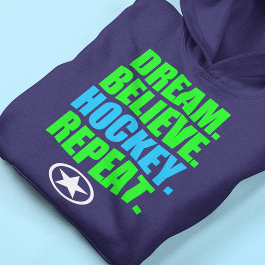 DREM. BELIEVE. HOCKEY. REPEAT. Youth Heavy Blend Hooded Sweatshirt