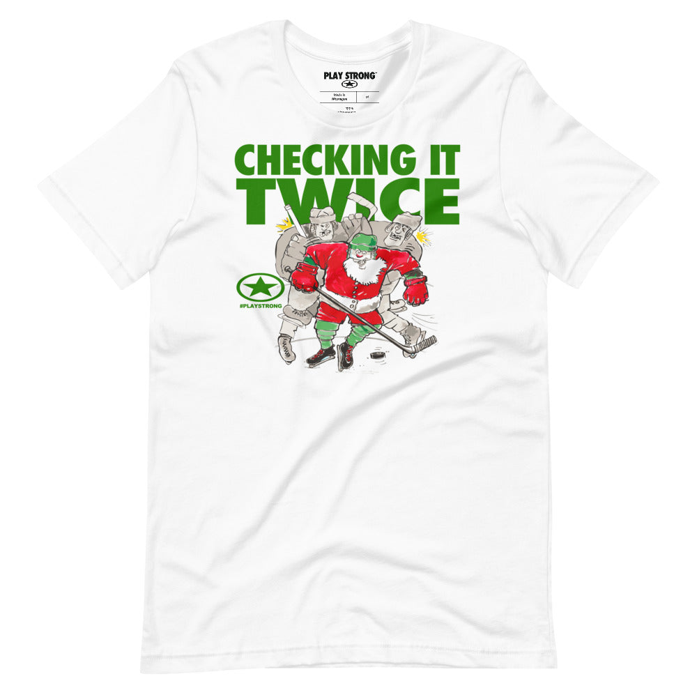 CHECKING IT TWICE HOCKEY Santa Sports #playstrong Short-Sleeve Unisex T-Shirt