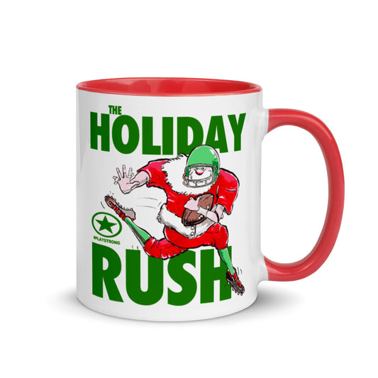 THE HOLIDAY RUSH Santa Sports Football #playstrong Mug with Color Inside